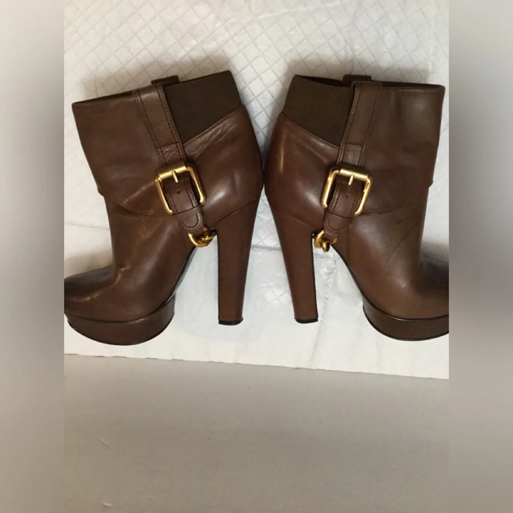 Donald J. Pliner Brown Leather Ankle Booties with Gold Buckle